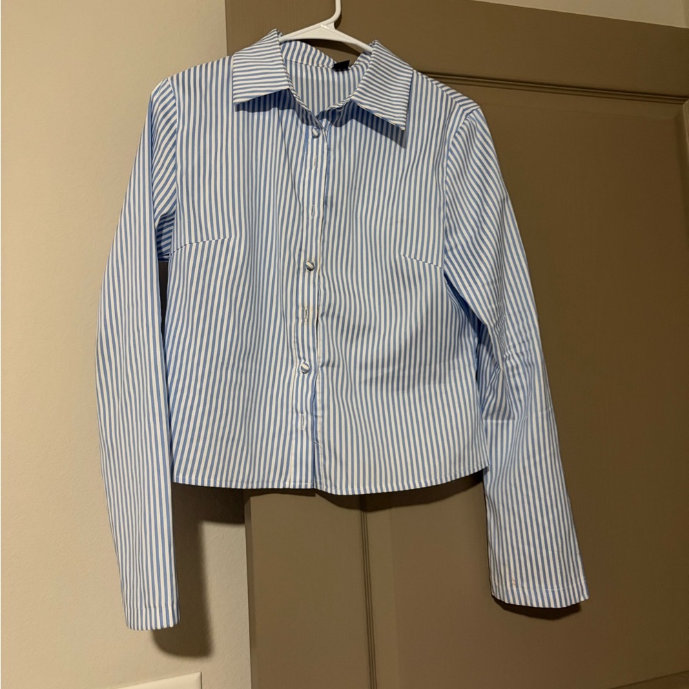SHEIN White and Light Blue Striped Button-Up Blouse